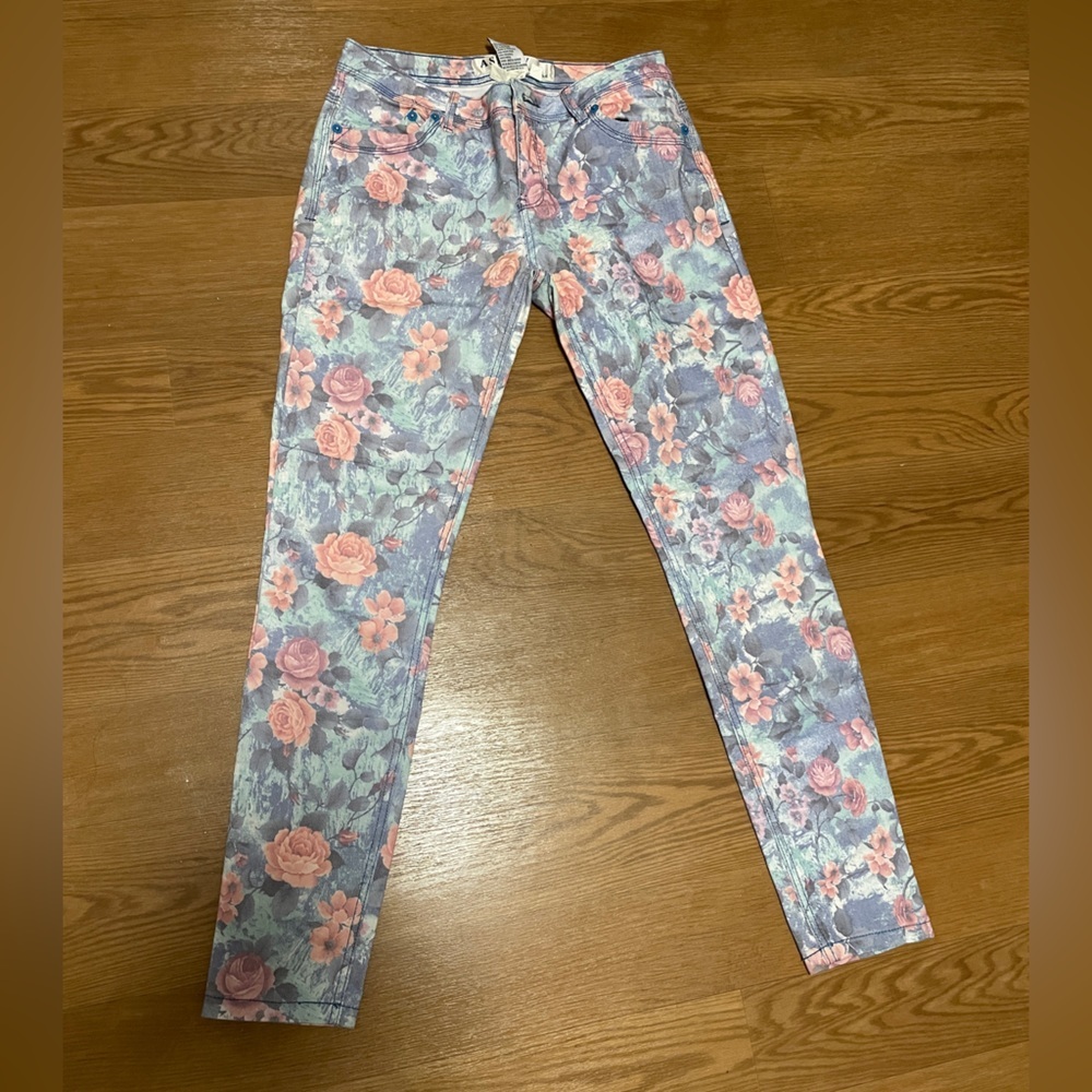 Woman’s floral print jeans.